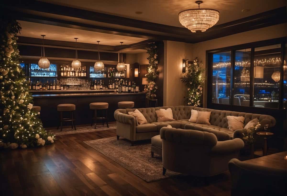 A cozy, dimly-lit lounge with plush seating, a dance floor, and a fully stocked bar. The room is adorned with twinkling lights and elegant floral arrangements, creating a romantic and celebratory atmosphere