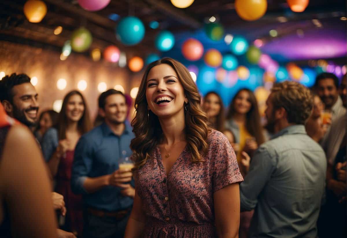 Guests mingling in a vibrant, inclusive space with colorful decor, lively music, and engaging activities. Laughter and joy fill the air as everyone feels welcomed and included