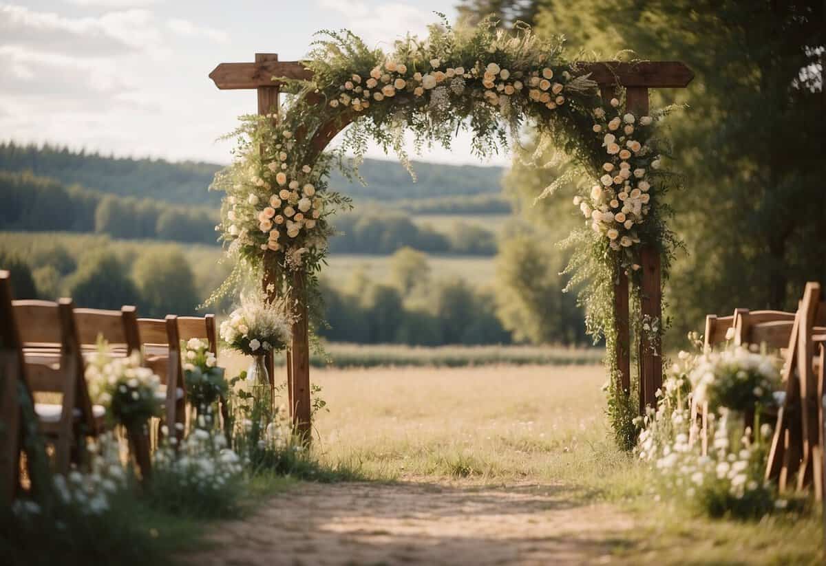 A rustic outdoor wedding with a wooden arch adorned with wildflowers, hay bales for seating, and a cowboy boot and horseshoe decor