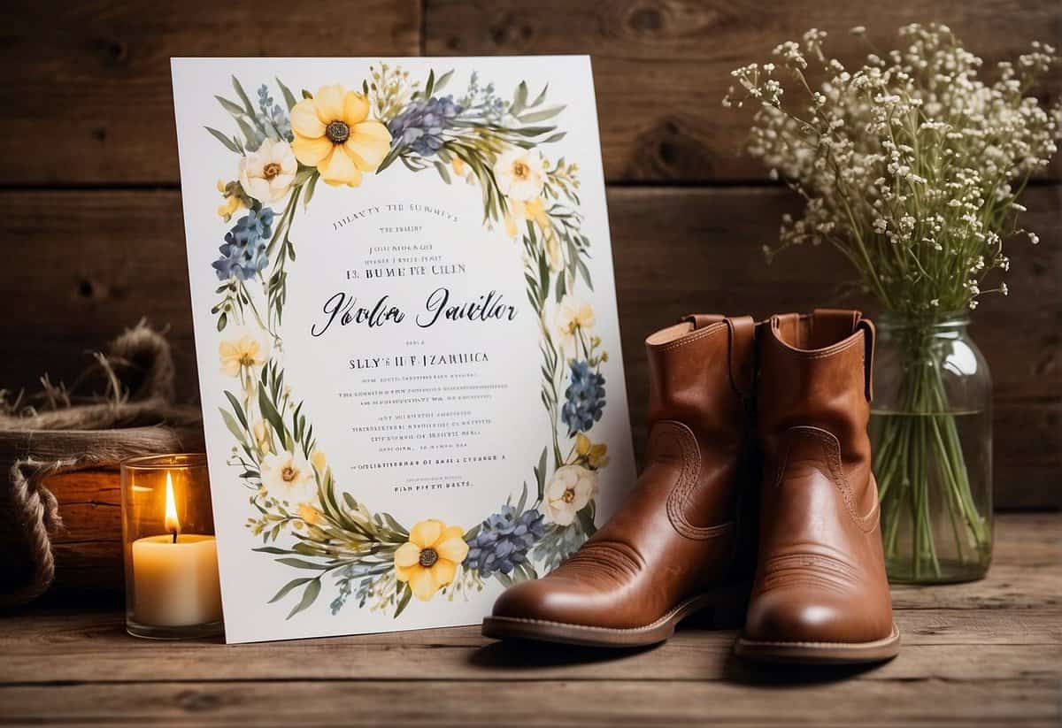 A rustic barn setting with elegant calligraphy invitations and stationery, surrounded by wildflowers and cowboy boots