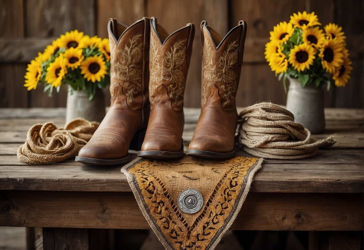 A rustic wooden table adorned with cowboy boots, burlap, and sunflowers. A lasso draped over a vintage saddle, with horseshoes and bandanas as party favors