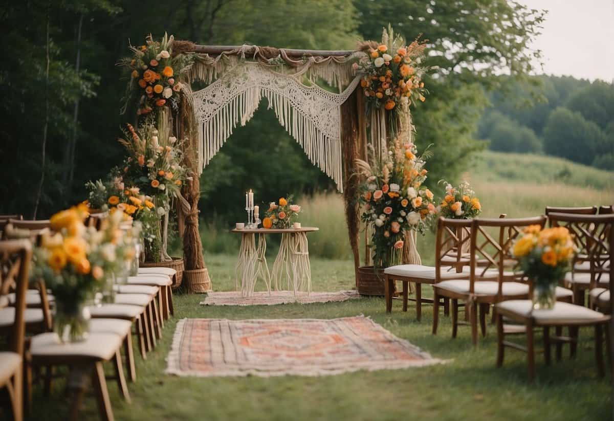 A colorful outdoor boho wedding with a macrame backdrop, vintage rugs, and a low wooden altar adorned with wildflowers and greenery