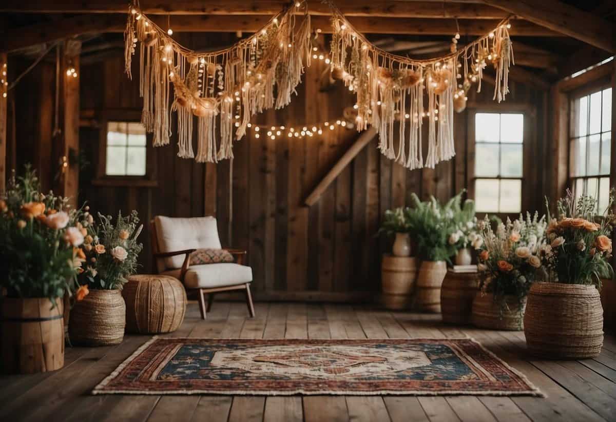A rustic barn adorned with dreamcatchers, macramé backdrops, and wildflower arrangements. String lights and vintage rugs create a cozy, bohemian atmosphere