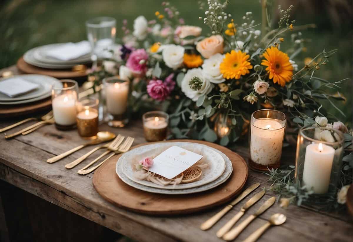 A rustic wooden table adorned with bohemian-inspired wedding stationery and favors, surrounded by wildflowers and dreamcatchers