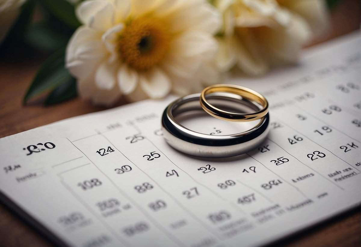A calendar with a heart-shaped date circled, surrounded by flowers and wedding rings