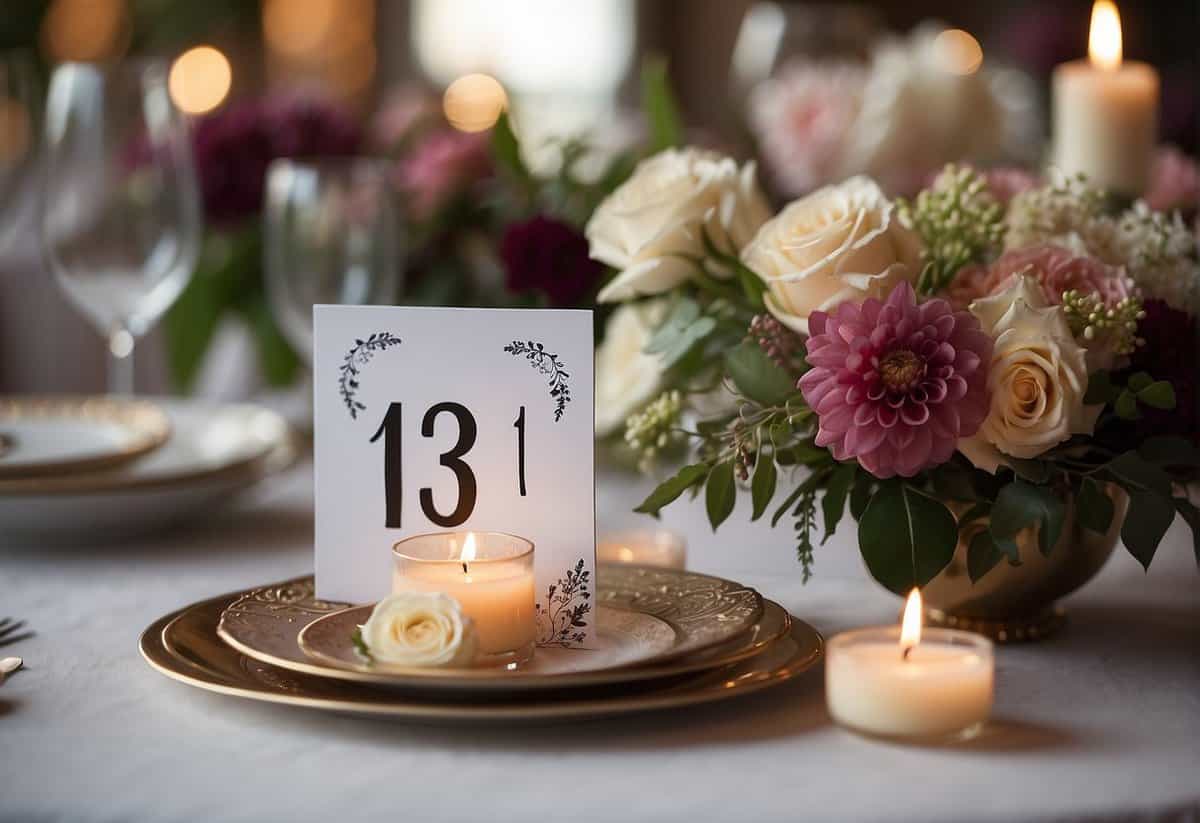 A hand placing a small floral centerpiece on a beautifully set table with a numbered card for a wedding celebration