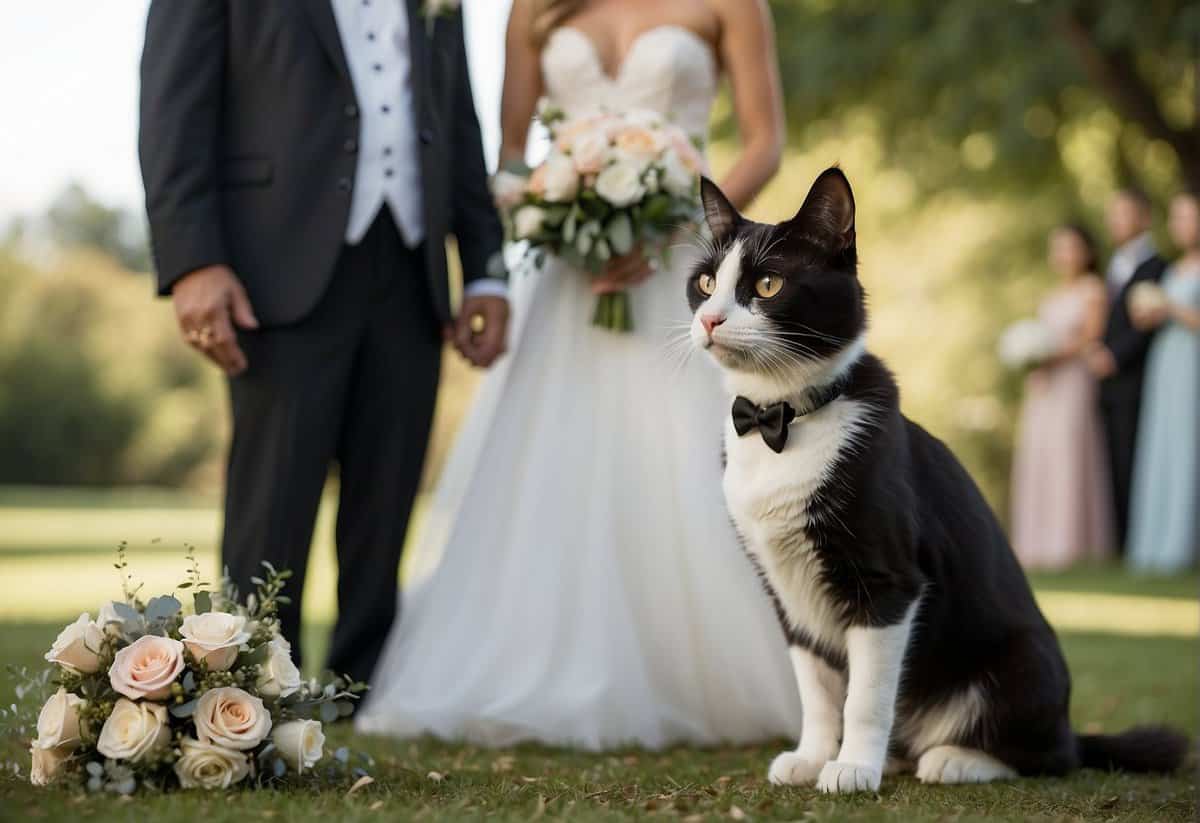 A dog wearing a tuxedo, standing at the altar with a cat in a wedding dress. The cat holds a bouquet while the dog nervously fidgets
