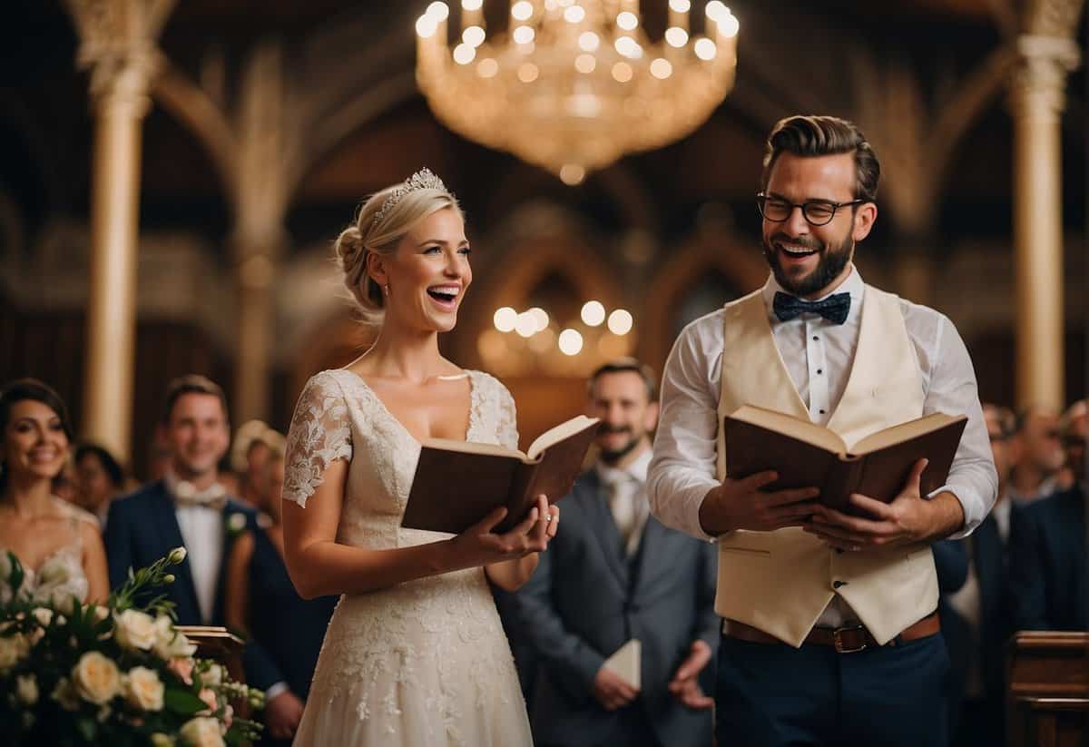 A couple standing at the altar, holding comically large vow books with exaggerated expressions of surprise and amusement