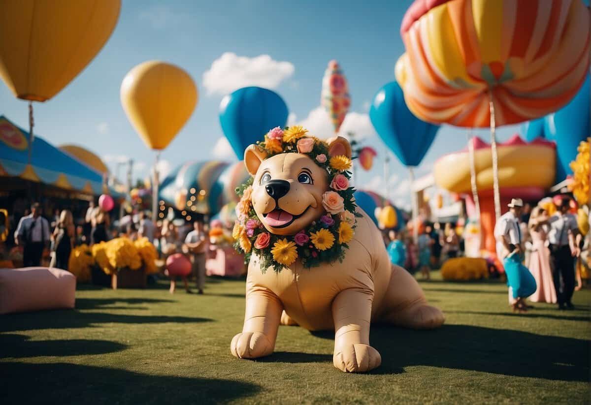 A whimsical wedding scene with vibrant colors, oversized floral arrangements, and quirky decor like giant inflatable animals and a carnival theme