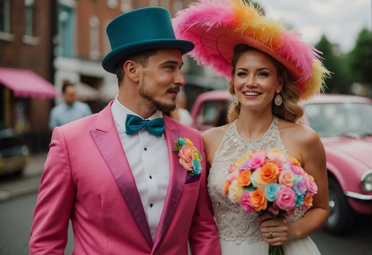 A groom wearing a bright pink tuxedo with a top hat and a monocle, while the bride is in a rainbow-colored wedding dress with a veil made of feathers and carrying a bouquet of oversized lollipops