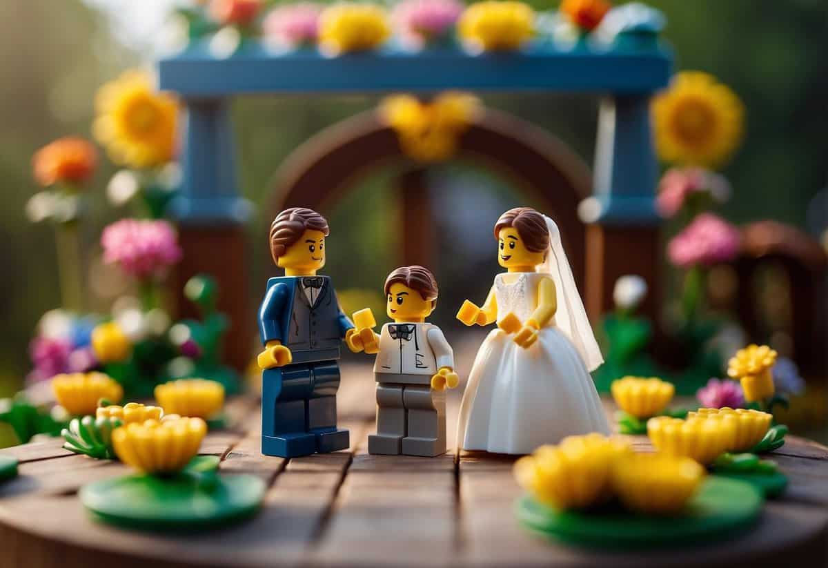 A colorful Lego wedding scene with a bride and groom minifigures, a Lego cake, flower arrangements, and a Lego archway