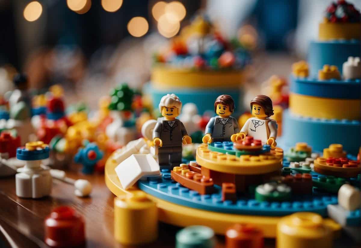 A colorful lego wedding cake surrounded by lego figurines and decorations, with guests playing lego building games in the background