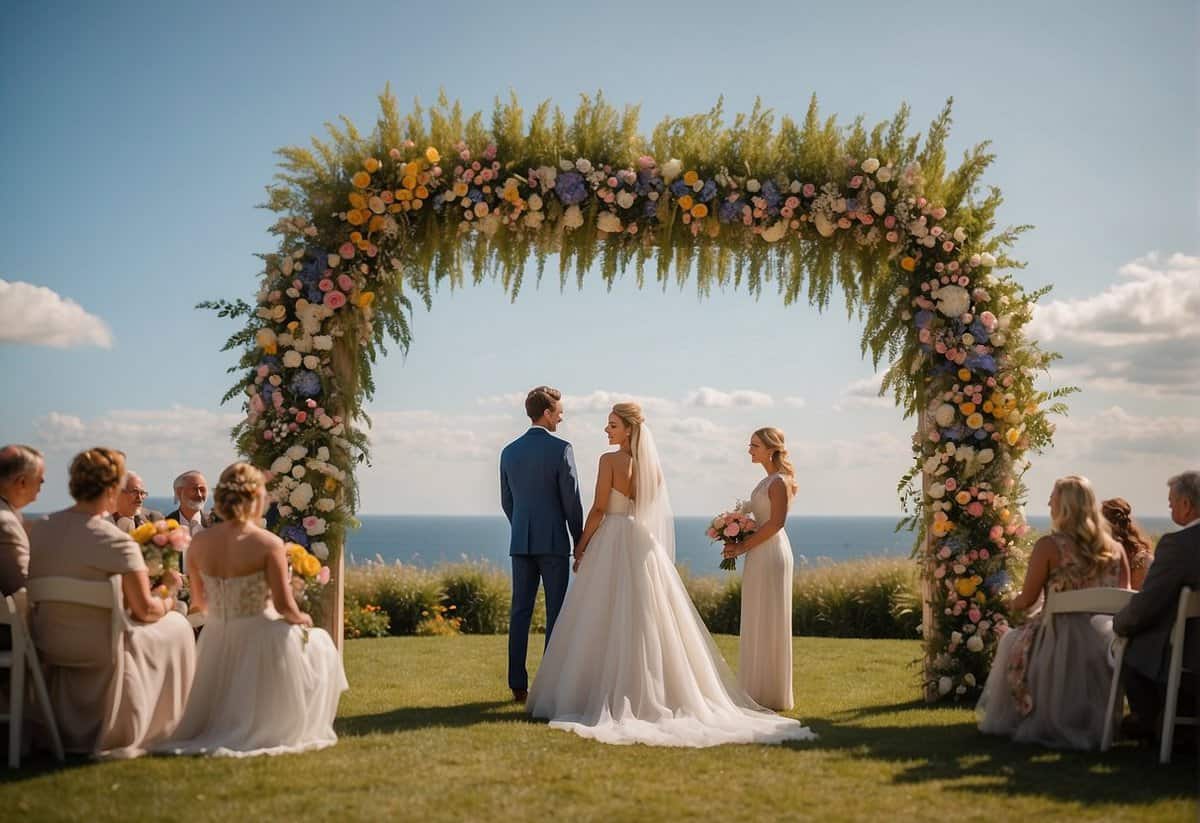 A beautiful outdoor ceremony with two brides standing under a floral arch, surrounded by family and friends, with a rainbow flag flying in the background