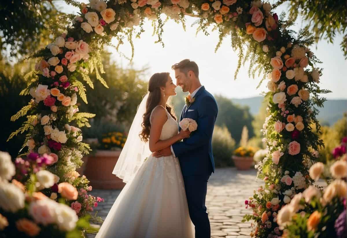 A couple standing under a beautiful archway, surrounded by colorful flowers and twinkling lights, exchanging vows and rings