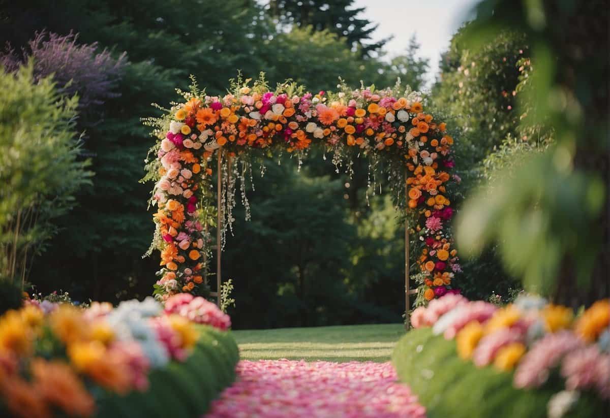A colorful wedding arch stands in a lush garden, surrounded by vibrant flowers and twinkling lights, ready for a same-sex couple's special day