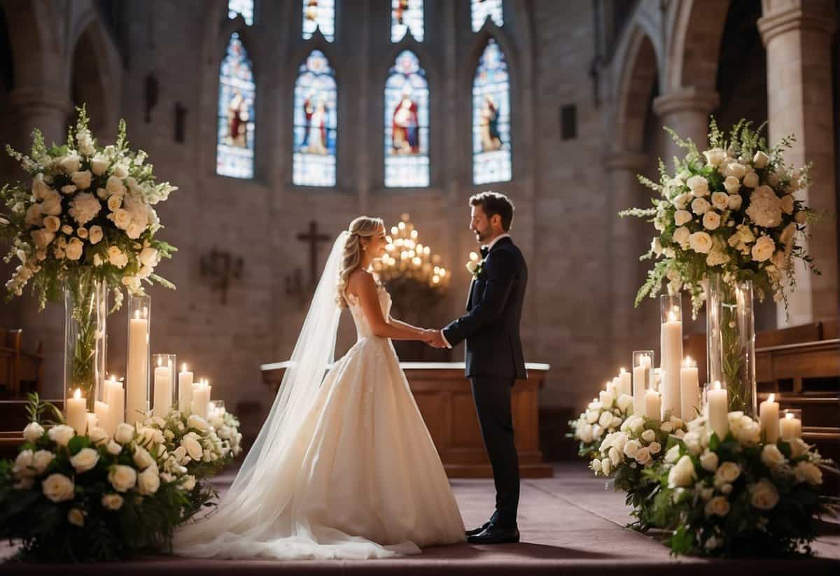 A bride and groom stand at the altar exchanging vows in a beautifully decorated church adorned with flowers and candles