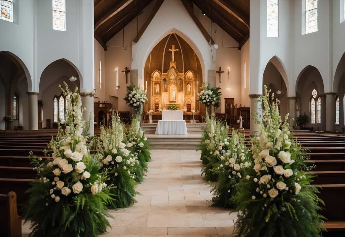 A church adorned with lush greenery and blooming floral arrangements, creating a romantic and elegant atmosphere for a wedding ceremony