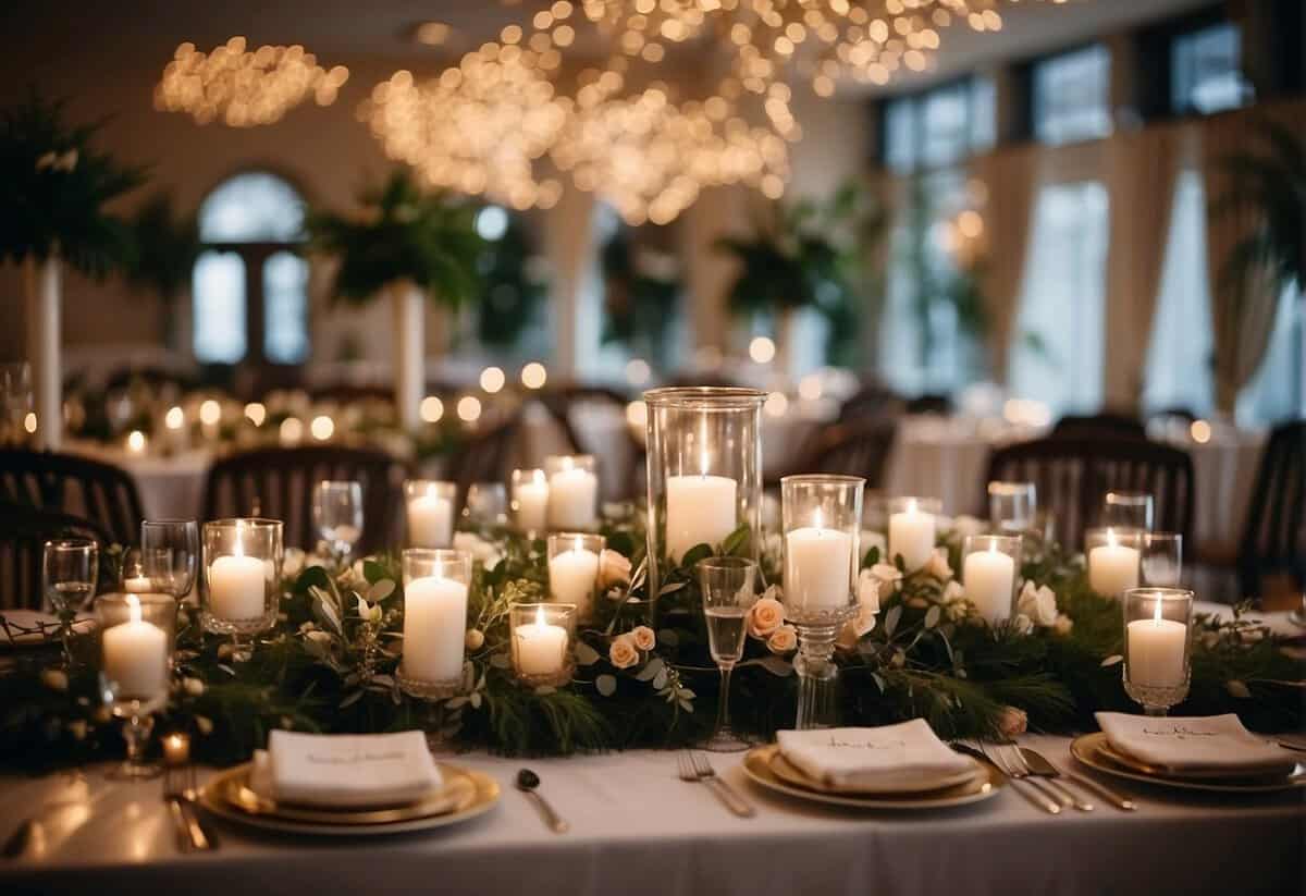 A beautifully decorated wedding venue with elegant table settings, floral centerpieces, and twinkling lights. A grand entrance with a welcoming sign and a cozy lounge area for guests to relax