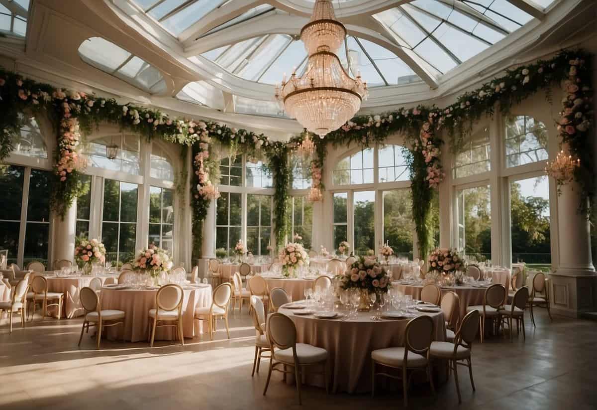 A grand ballroom with elegant chandeliers, draped in soft, romantic lighting. Tables adorned with delicate floral arrangements and sparkling glassware. A picturesque outdoor garden with lush greenery and a charming gazebo