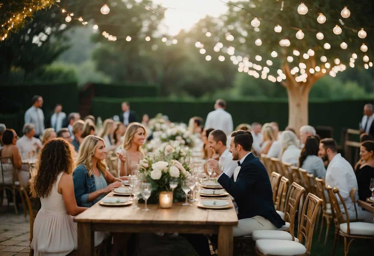 The wedding venue is adorned with elegant floral arrangements, twinkling fairy lights, and luxurious table settings. Guests mingle in the spacious outdoor garden, enjoying live music and sampling delectable hors d'oeuvres