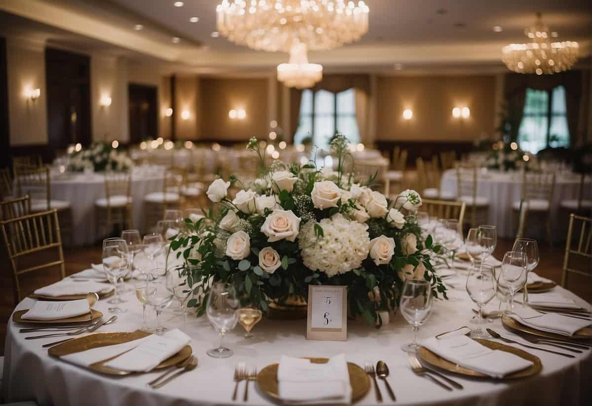 Guests explore wedding venue, admiring decor and layout. Tables showcase catering options and floral arrangements. Staff offer information and answer questions