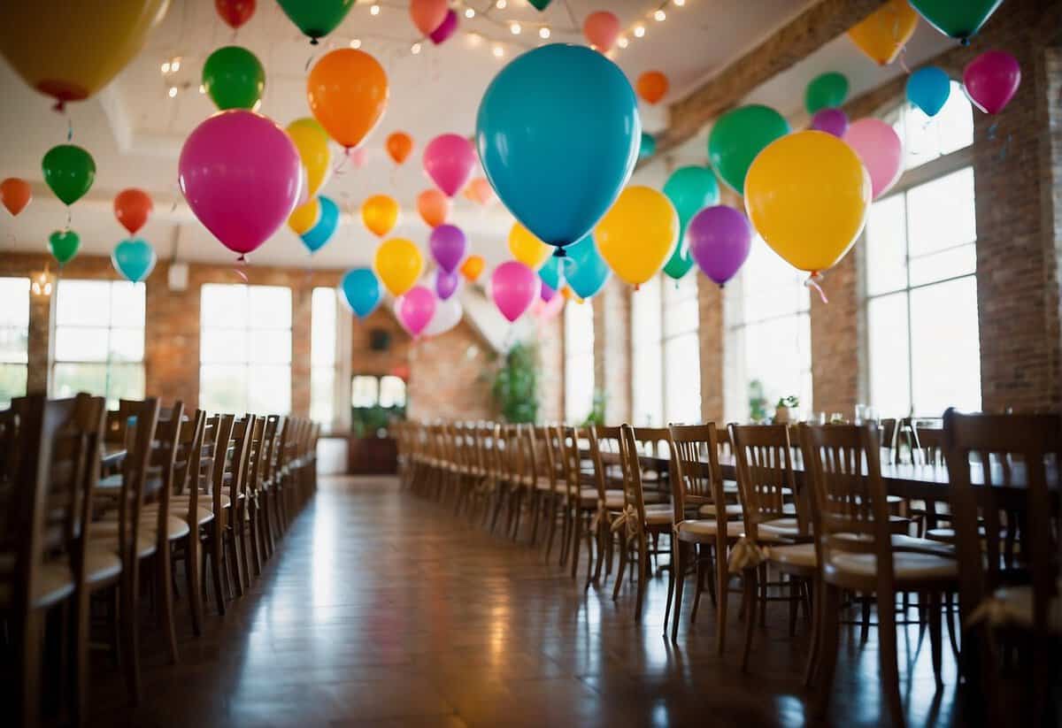 Colorful balloons in various shapes and sizes fill the air, creating a festive atmosphere. Some are tied to chairs and tables, while others float freely, adding a whimsical touch to the wedding decor