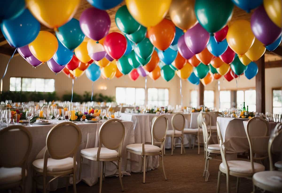 Colorful balloons with personalized messages tied to chairs and tables at a wedding reception. Some balloons are floating, others are arranged in clusters