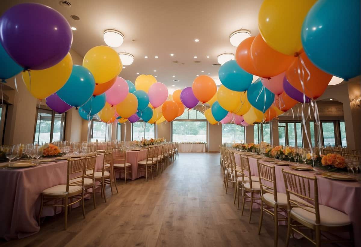 Balloons arranged as centerpieces, arches, and backdrops at a wedding. Unique shapes and colors add a playful and elegant touch to the celebration