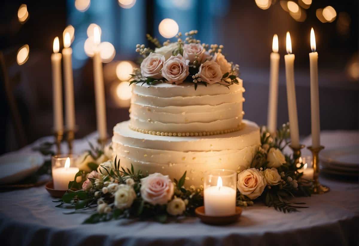 A beautifully decorated wedding cake with delicate floral accents, surrounded by glowing candles and twinkling fairy lights