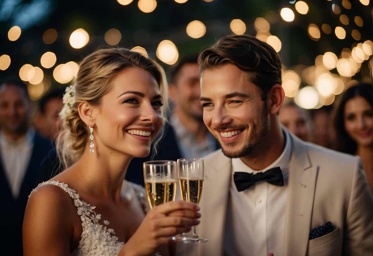 A bride and groom raise their champagne glasses, surrounded by smiling guests and twinkling fairy lights
