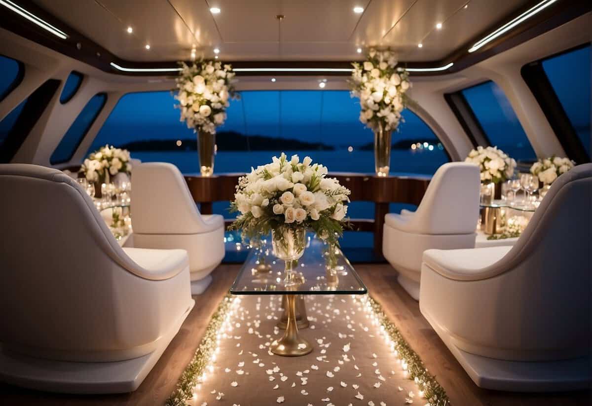 A yacht adorned with white flowers, flowing drapes, and twinkling lights for a romantic wedding celebration