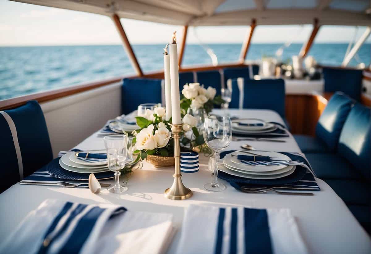 A white yacht adorned with nautical-themed decor, including navy blue and white striped banners, anchor motifs, and seashell centerpieces