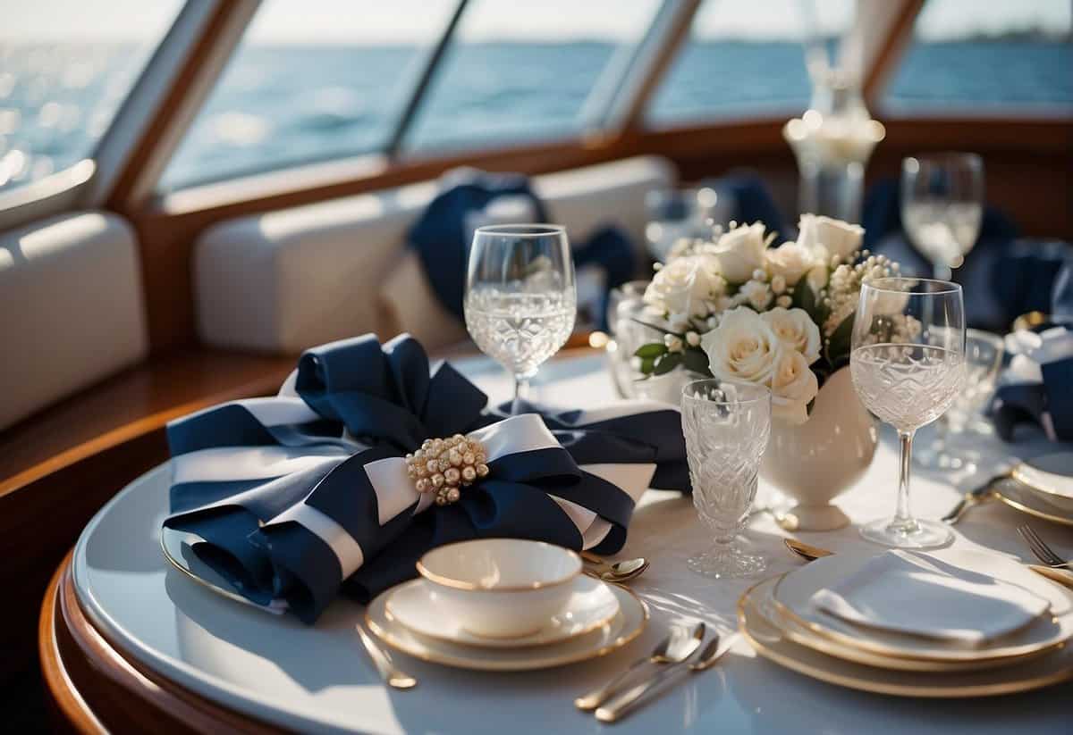 A yacht deck adorned with elegant wedding attire, accessories, and decorations in a nautical theme
