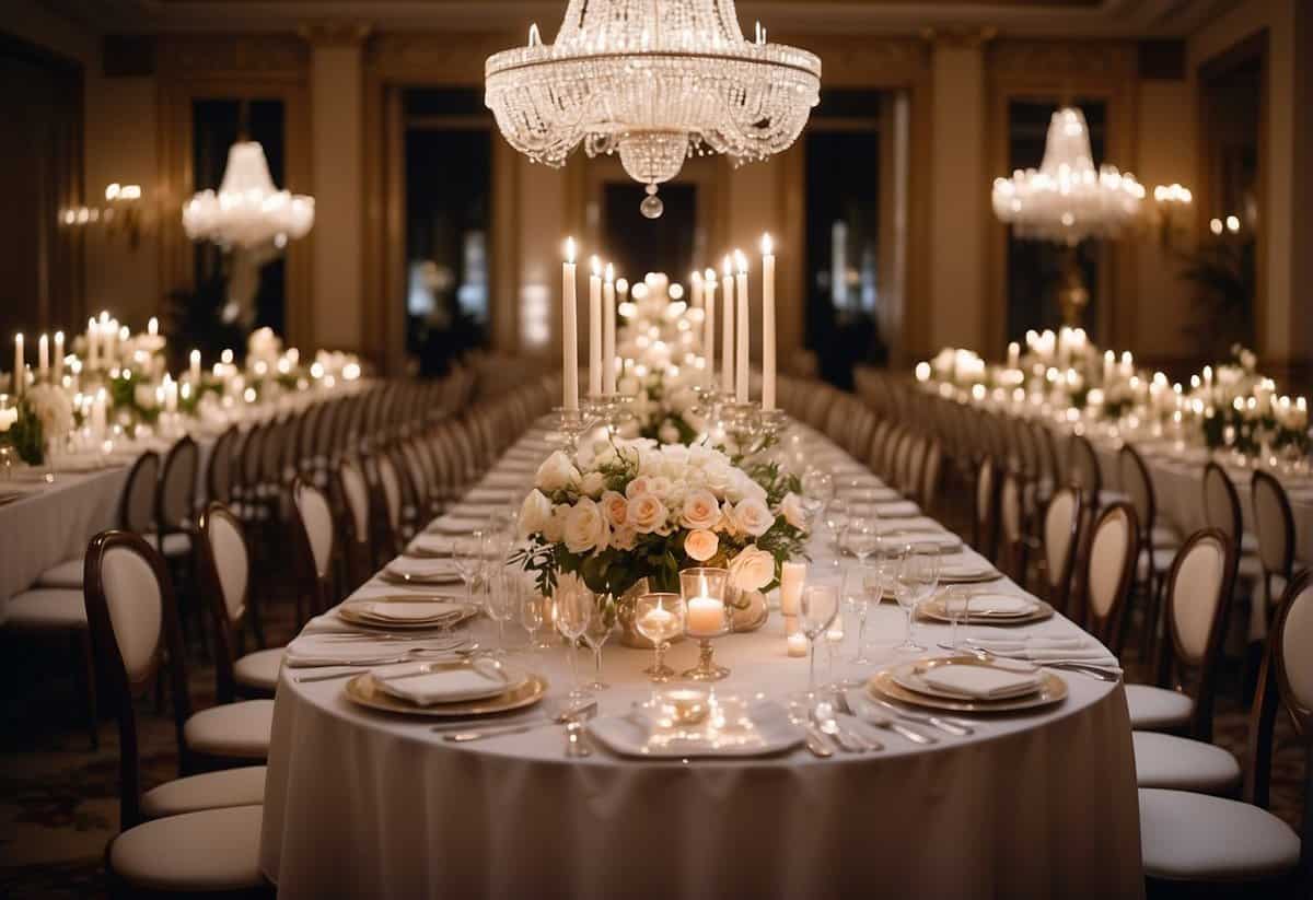 Elegant floral centerpieces adorn a grand banquet table, surrounded by crystal chandeliers and soft candlelight, creating a luxurious ambiance for a wedding celebration