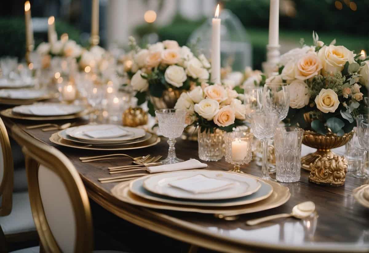 A lavish wedding table adorned with opulent floral arrangements, fine china, and sparkling crystal glassware. Elegance and luxury exude from every detail of the meticulously curated tablescape