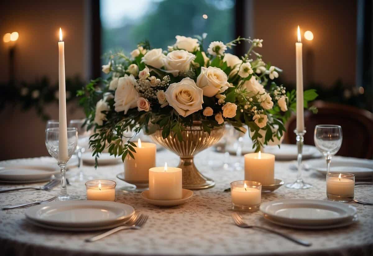 An elegant white lace tablecloth adorns a round table, adorned with a floral centerpiece and flickering candles. A delicate garland of greenery drapes from the ceiling, creating a romantic and enchanting atmosphere