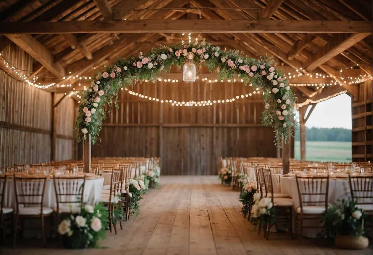 A wooden arch adorned with flowers, burlap table runners, mason jar centerpieces, and string lights hanging from a barn ceiling