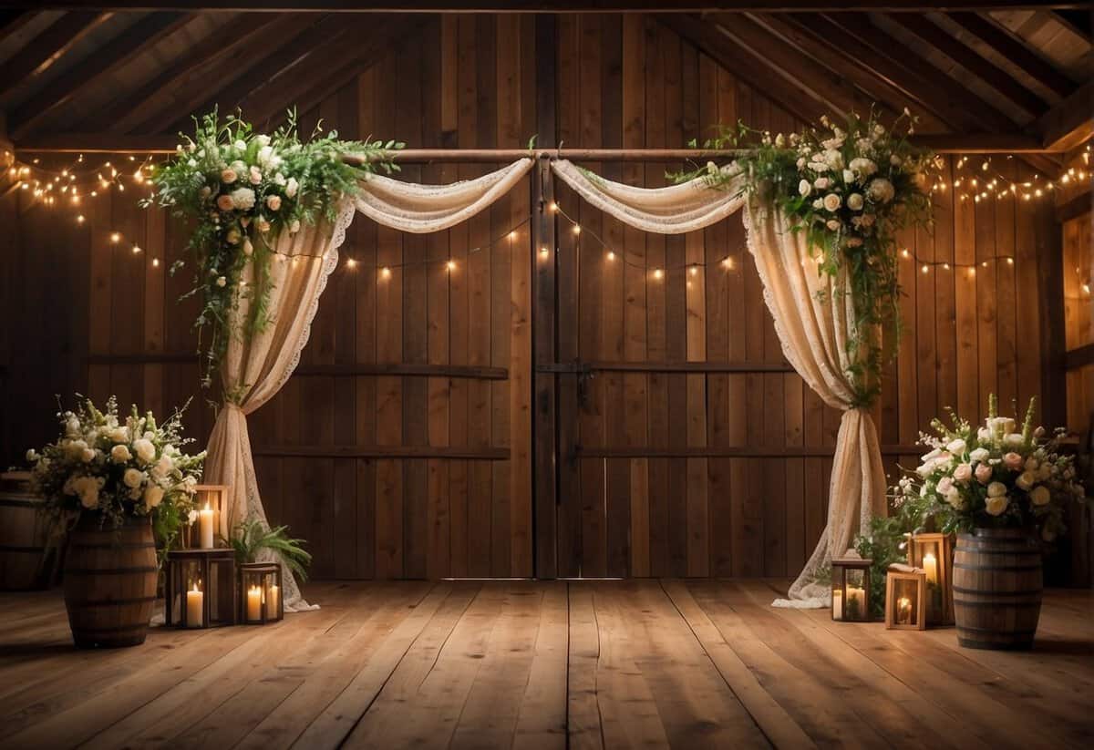 A rustic venue with wooden beams, string lights, and wildflower centerpieces. A barn door backdrop with burlap and lace accents