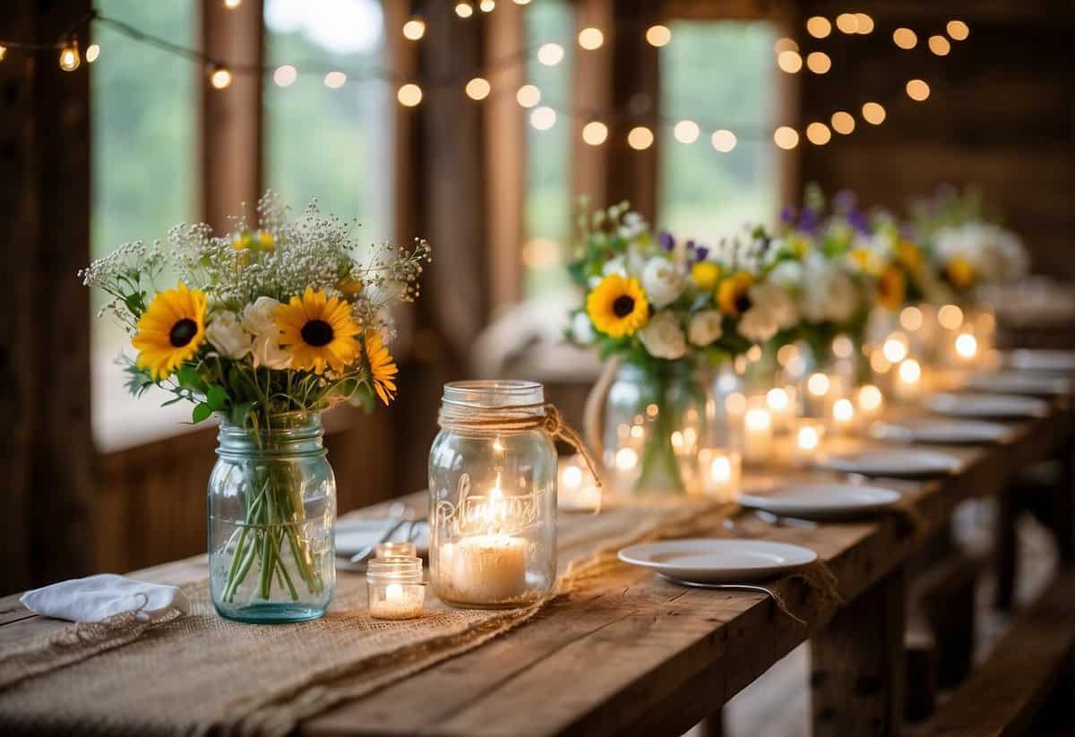 A wooden barn adorned with string lights, mason jar centerpieces, and burlap table runners. Wildflowers in vintage vases add a pop of color to the rustic setting
