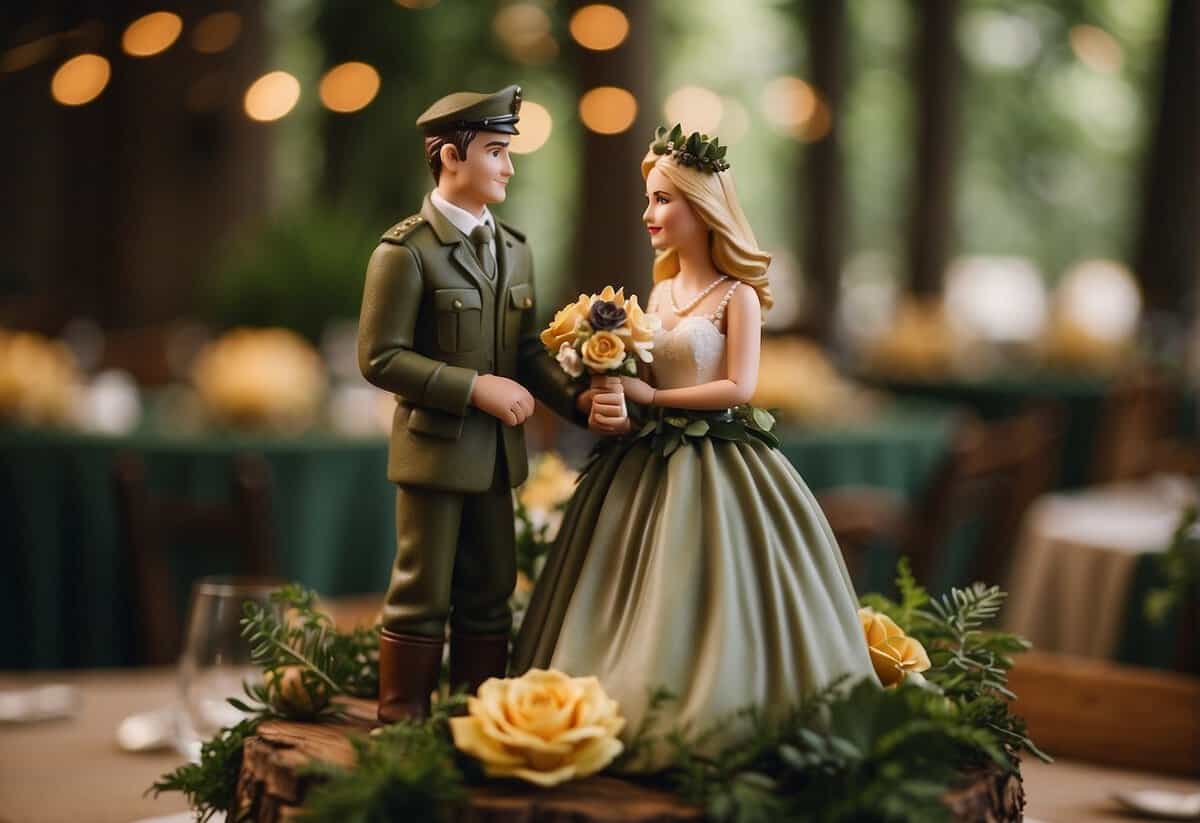 A woodland-themed wedding with camo tablecloths, rustic centerpieces, and earthy tones. A bride and groom cake topper in camo attire