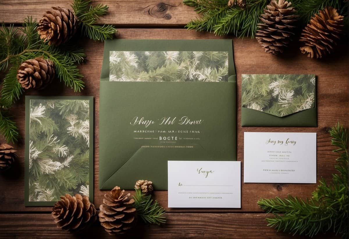 A rustic woodland scene with camo-patterned invitations and save-the-dates displayed on a wooden table, surrounded by natural elements like pinecones, twigs, and moss