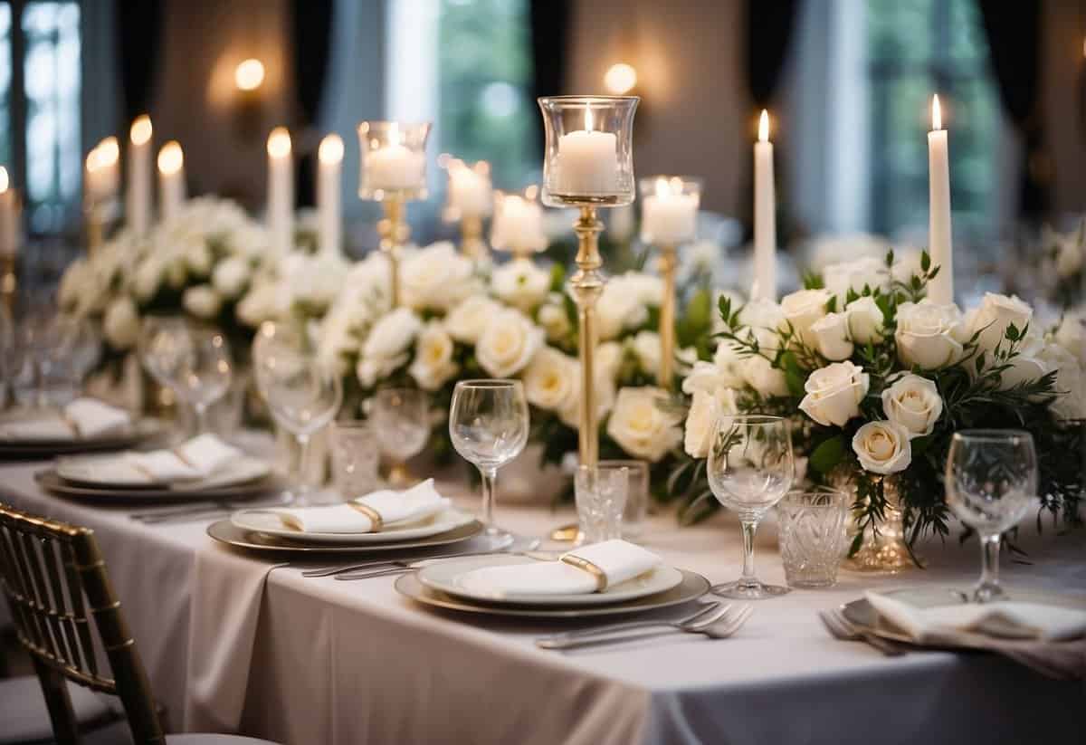 A white wedding decor scene with floral centerpieces, draped fabric, and elegant table settings