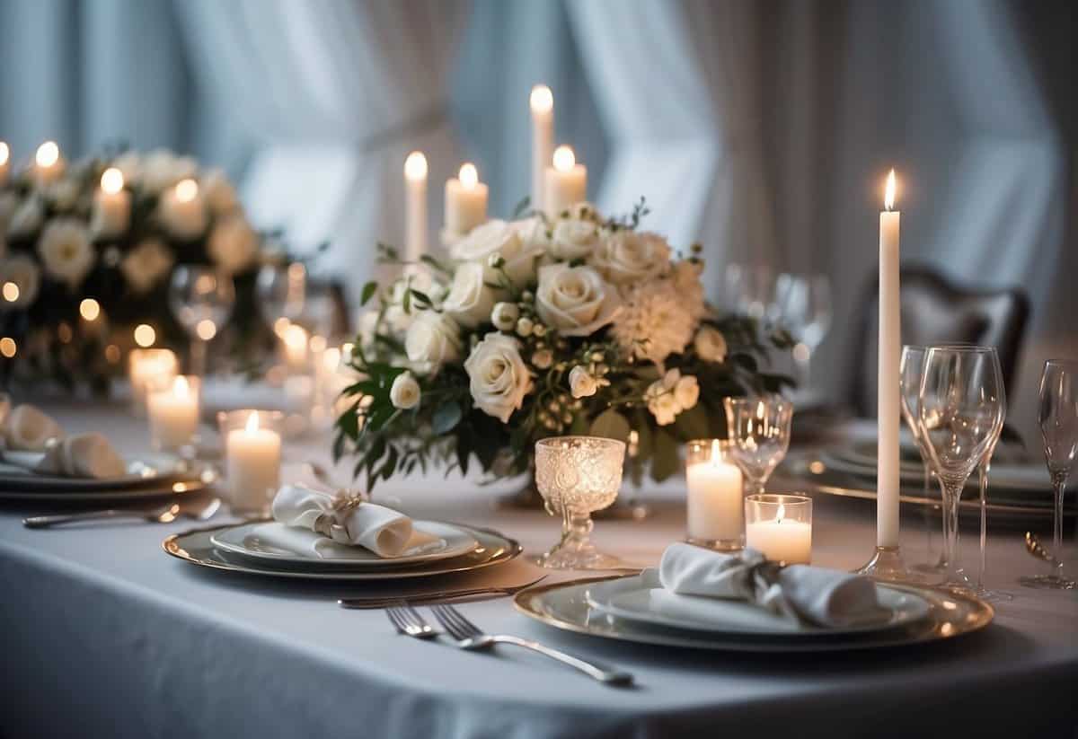 A pristine white wedding table setting with delicate floral centerpieces and elegant silver cutlery, set against a backdrop of flowing white curtains and soft candlelight