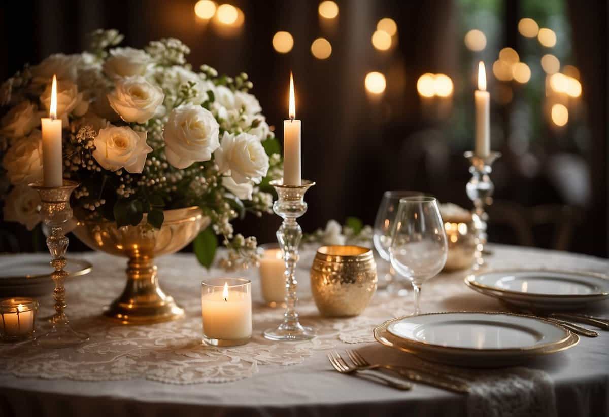 Soft candlelight illuminates a table set with delicate white flowers and lace. A vintage chandelier hangs overhead, casting a warm glow. Subtle touches of gold and silver add elegance to the romantic setting