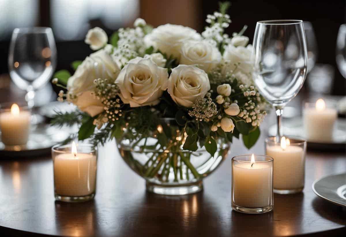 A table adorned with elegant white floral arrangements and bouquets, creating a serene and romantic atmosphere for a wedding celebration