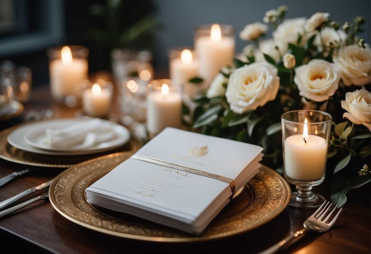 A table adorned with white stationery and invitations, surrounded by delicate floral arrangements and soft candlelight