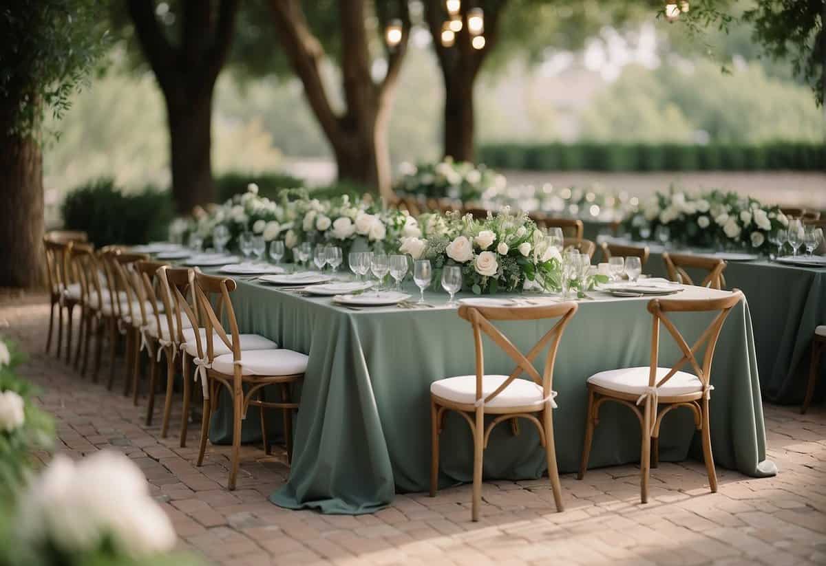 A serene outdoor wedding with sage green tablecloths, floral centerpieces, and delicate greenery accents. A soft, romantic ambiance with subtle touches of sage green decor throughout the venue