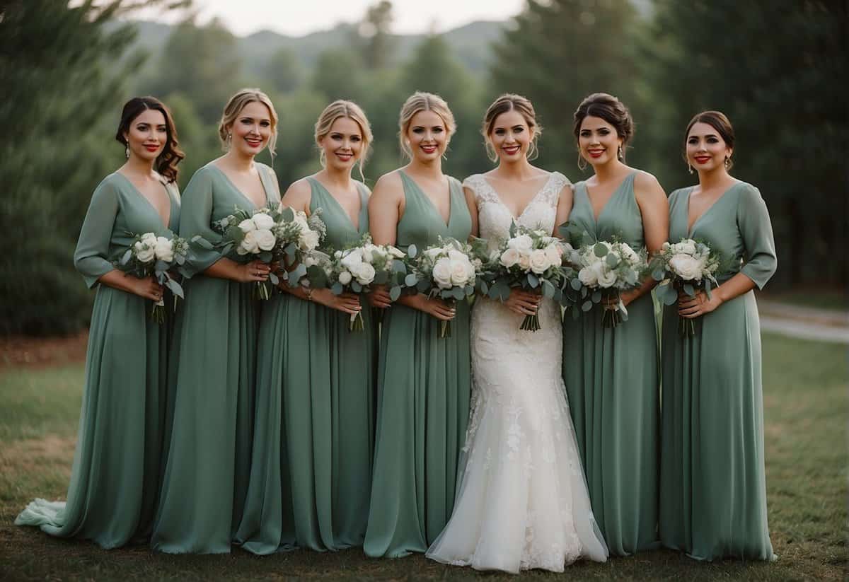 Sage green bridal party attire and accessories arranged with wedding decor