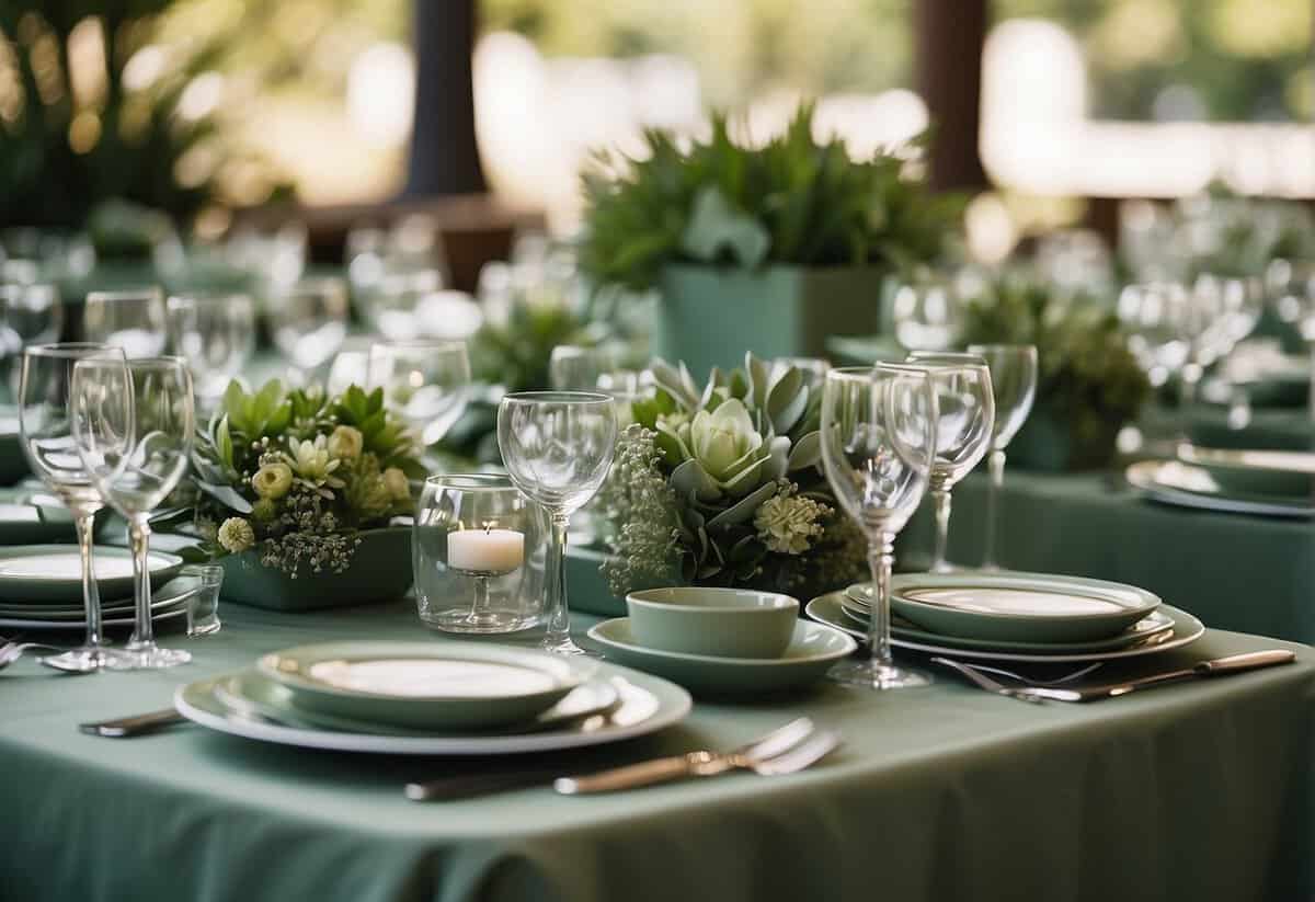 Sage green table settings with elegant centerpieces and personalized wedding favors