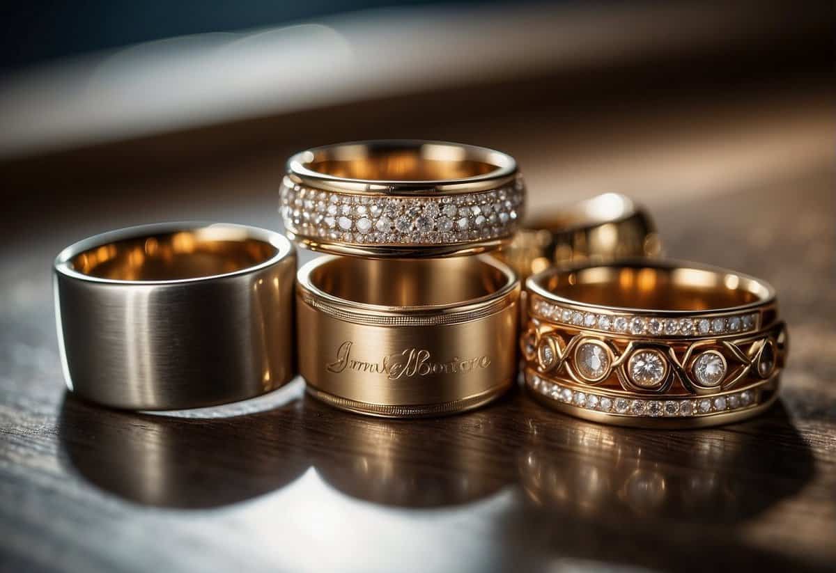 A table with various wedding band ring designs displayed under soft lighting